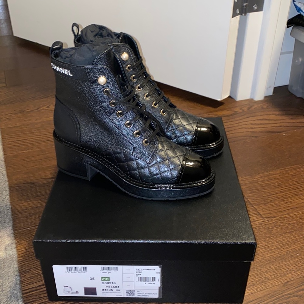 Chanel Lace Up Boots Black Size 38